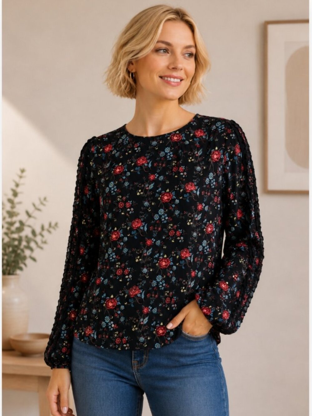 BP NWT black fall floral ruffle sleeve keyhole back blouse size L